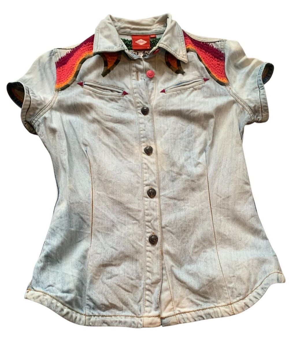 OILILY Summer Festival Balloon EMBROIDERED DENIM Jean SHIRT Blouse sz 36 S